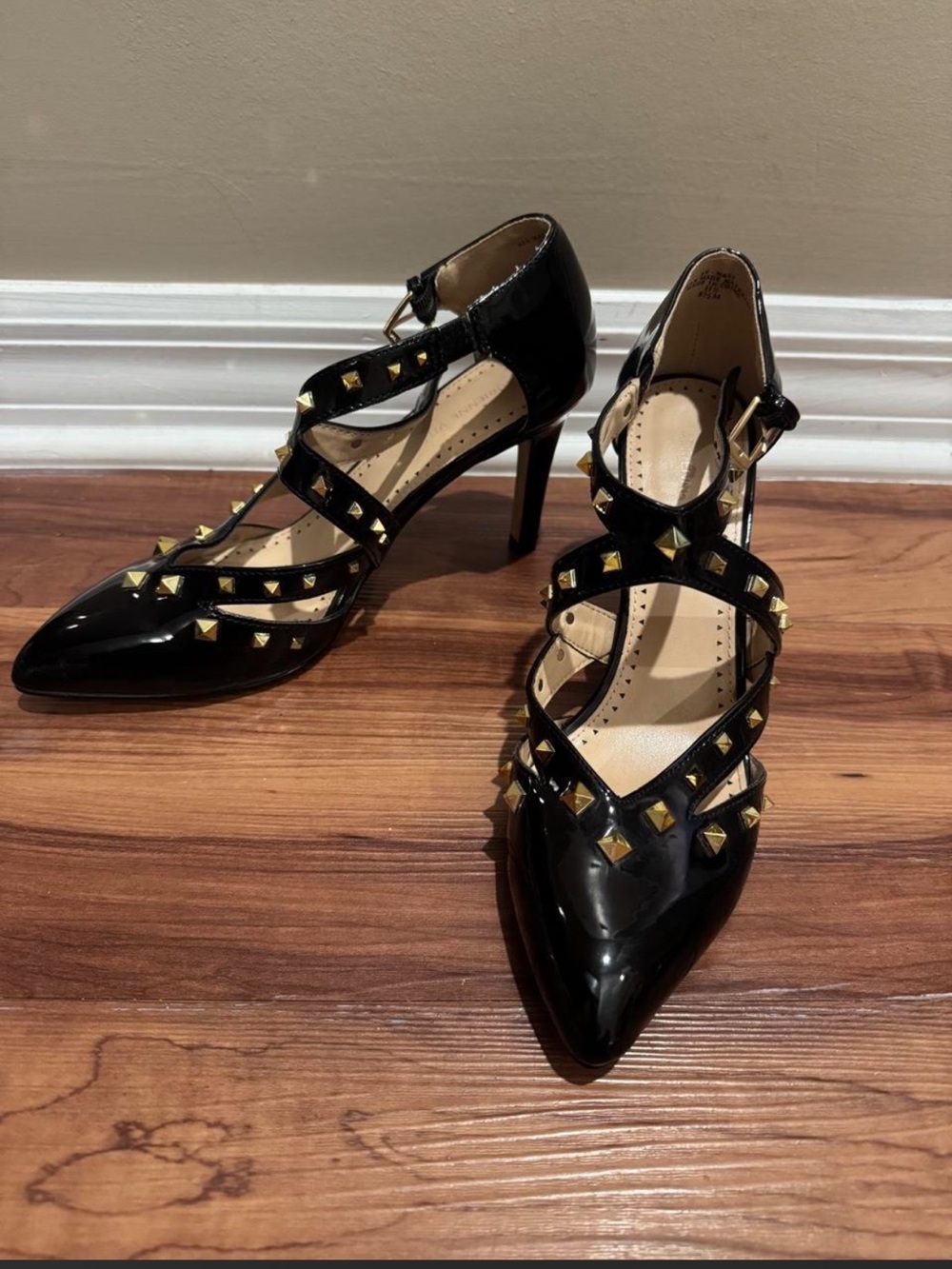 Adrienne Vittadini Black Patent Pointed-Strap Heels with Gold Studs